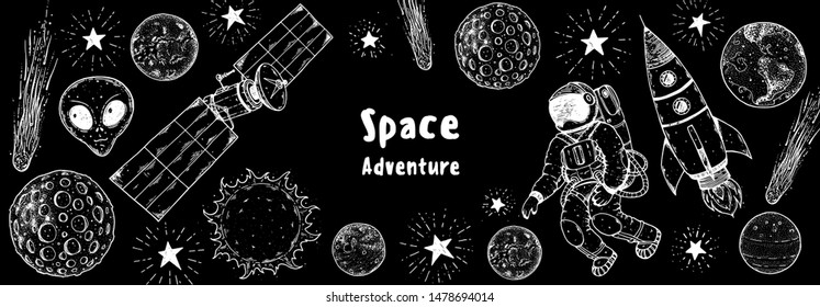 Hand drawn space vector illustration. Planets, rocket, satellite, cosmonaut illustration. Space elements. Hand drawn sketch