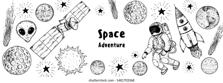 Hand drawn space vector illustration. Planets, rocket, satellite, cosmonaut illustration. Space elements. Hand drawn sketch 