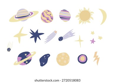 Ilustración vectorial espacial dibujada a mano con coloridos planetas, estrellas, cohetes, cometas, arco iris, luna y símbolos celestiales. Elementos decorativos del espacio exterior ideales para el arte infantil, productos para niños, carteles, papelería, marca y proyectos de diseño creativo.