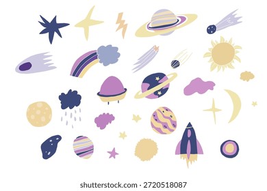 Ilustración vectorial espacial dibujada a mano con coloridos planetas, estrellas, cohetes, cometas, arco iris, luna y símbolos celestiales. Elementos decorativos del espacio exterior ideales para el arte infantil, productos para niños, carteles, papelería, marca y proyectos de diseño creativo.