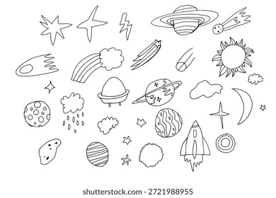 Ilustração de vetor espacial desenhada à mão com estrelas, planetas, foguetes, cometas, nuvens, arco-íris, lua e símbolos cósmicos em estilo de contorno. Coleção de elementos astronômicos e do espaço exterior adequados para projetos infantis, projetos educacionais, cartazes, livros, gravuras e composições gráficas criativas. Ícones de espaço isolados para uso com ilustrações modernas.