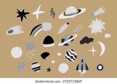 Hand drawn space vector illustration set with colorful planets, stars, rockets, comets, rainbows, moon, and celestial symbols. Decorative outer space elements ideal for nursery art, children’s products, posters, stationery, branding, and creative design projects.