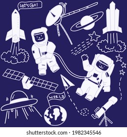 Hand drawn spaceman with stars, space craft, ufo, and telescope. Vector illustration on dark purple background