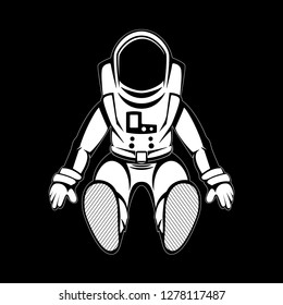 Hand drawn spaceman in white color, isolated on black background. Detailed drawing, for posters, decoration and print. Vector illustration