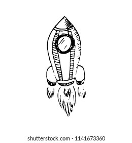 Hand Drawn spaceship doodle. Sketch style icon. Decoration element. Isolated on white background. Flat design. Vector illustration.