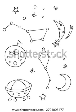 Hand drawn spaceship, planets, comet,  constellations isolated on a white background. Cosmos doodle collection. Vector illustration, design elements.