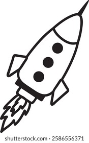 Hand drawn spaceship soaring through space, leaving a fiery trail behind. Simple black and white illustration designed for kids, featuring an isolated vector graphic of a rocket