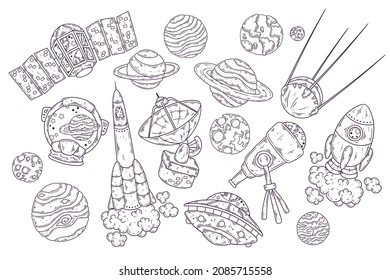 Hand drawn spaceships and planets collection Vector. Each object can be changed and moved for your design.
