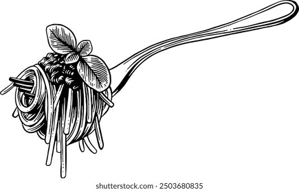 Espaguetis dibujados a mano con carne y hojas de albahaca en una ilustración de boceto de tenedor