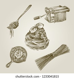 Hand Drawn spaghetti Sketches Set. Collection Of spaghetti isolated on old paper background. Vector of Spaghetti In Vintage Style.Hand drawn Italian food sketch elements