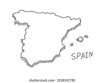 Hand Drawn of Spain 3D Map on White Background.  