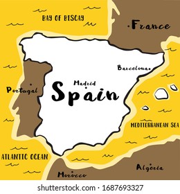 Dibujo manual del mapa de España sobre el fondo del mapa, Mapa dibujado a mano , Ilustración vectorial