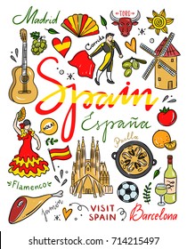 Hand drawn Spain symbols and illustrations. Vector set with visit Spain traveleng icons. Cute spanish drawings