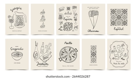 Hand Drawn Spanish Food and Culture Postcard Set. Whimsical Minimalist Line Art Illustrations with Quotes. Vector for wall decor, poster, cover, social media, ads, print, menu design.