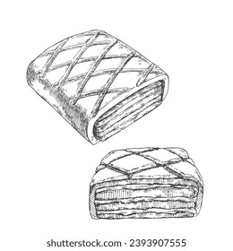 Hand drawn Spanish Ponche Segoviano. Fresh baked pastry biscuit. Sweet template for menu, ad, label, design