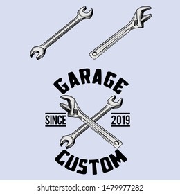 Hand drawn Spanner & Wrench illustrator. Design element for garage, automotive, emblem, budge, sign etc..