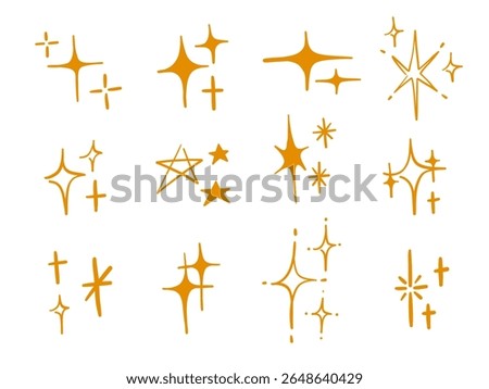 Hand Drawn Sparkle Icon Collection. A creative collection of 12 hand drawn orange sparkle icons in various starburst and twinkle styles featuring outlines and radiant shapes for dynamic decorative