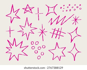 Hand drawn sparkle and star doodle set in playful Y2K style. Perfect for stickers, social media, branding, posters, and trendy graphic design projects with bold and fun accents.