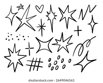 Hand Drawn Sparkle and Symbol Doodle. A collection of 19 expressive black line elements including sparkles stars scribbles crosses heart and accents in playful hand drawn doodle style for creative use