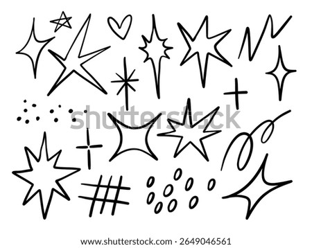 Hand Drawn Sparkle and Symbol Doodle. A collection of 19 expressive black line elements including sparkles stars scribbles crosses heart and accents in playful hand drawn doodle style for creative use