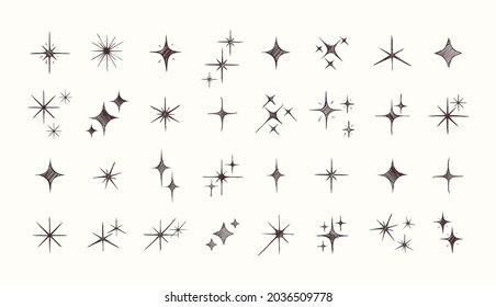 Colección de estrellas Sparkling dibujada a mano. Iconos de estrella. Estrellas de guijarros. Vector Sparkles. Ilustración grabada.