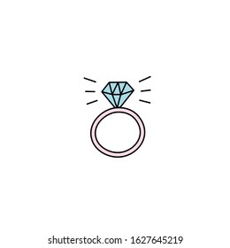 Hand Drawn Sparkling Wedding,engagement Ring Flat Vector Icon Isolated On A White Background.Valentine's Day Concept Icon.Doodle Diamond Ring.