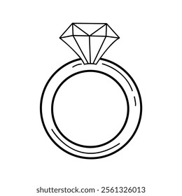 Hand drawn sparkling wedding,engagement ring flat vector icon isolated on a white background. Valentine s day concept icon. Doodle diamond ring.