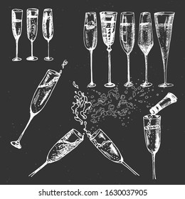 Hand drawn sparkling wine with splash. Wine glasses.