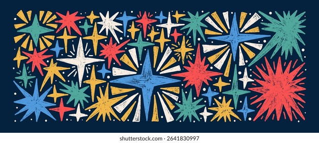 Hand drawn sparks stars set. Space shine colorful crayon shapes and blings pack. Comets and blinking on night sky. Vector illustration by pencil isolated on dark background.