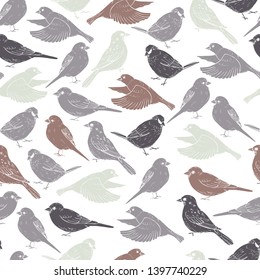 Hand drawn sparrows. Vector  seamless pattern
