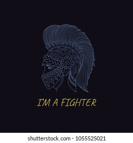 Hand drawn Spartan Helmet,greek warrior with slogan I AM A FIGHTER or t shirt printing and embroidery and printed tee. Vector illustration