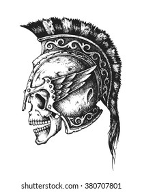 Hand drawn Spartan warrior skull wearing ancient helmet. Vector illustration