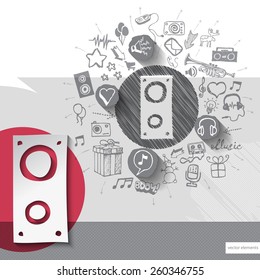 Hand drawn speaker icons with icons background. Vector illustration
