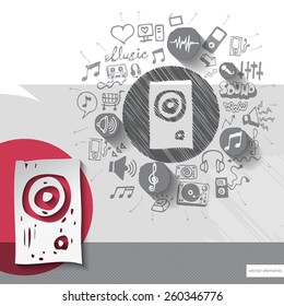 Hand drawn speaker icons with icons background. Vector illustration