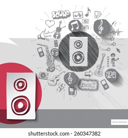 Hand drawn speaker icons with icons background. Vector illustration