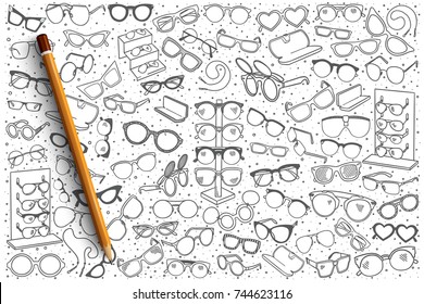 Hand drawn spectacles shop vector doodle set background