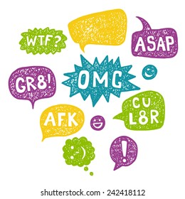 Hand drawn Speech Bubble Acronyms Set. Internet and chat  abbreviations