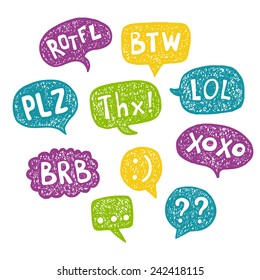 Hand drawn Speech Bubble Acronyms Set. Intetnet and chat  abbreviations