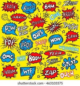 Hand drawn speech bubble. Cartoon comic sound effects. Vector illustration.