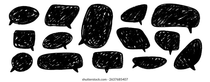 Hand drawn speech bubble collection. Doodled marker dialog box set. Sketched textured comic talk frames. black scribbled chat box pack. Round, square or rectangle balloon text box bundle. Vector 