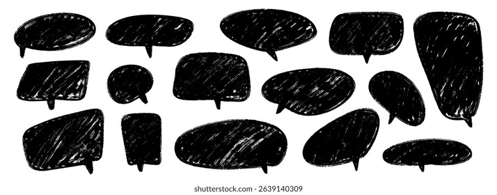 Hand drawn speech bubble collection. Doodled marker dialog box set. Scribbled textured comic talk frames. Black sketched chat box pack. Different balloon text box bundle. Vector 