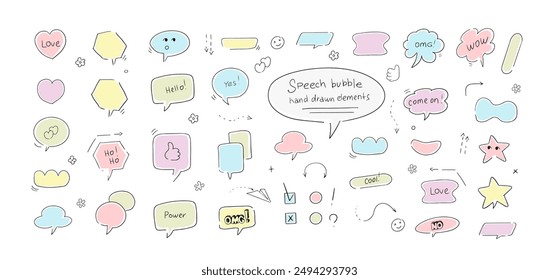 Burbuja de voz dibujada a mano, lindo, conjunto, iconos, marca de verificación, Vector