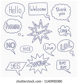 Hand drawn speech bubble doodle set. Outline pattern on square notebook background. Communication messages for textile print, web design, stickers and pins.