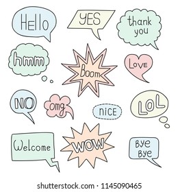 Hand drawn speech bubble doodle set. Outline pattern isolated on white background. Communication messages for textile print, web design, stickers and pins.