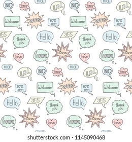 Hand drawn speech bubble doodle seamless pattern. Outline wallpaper isolated on white background. Repeat communication messages for textile print, web design, wrapping.