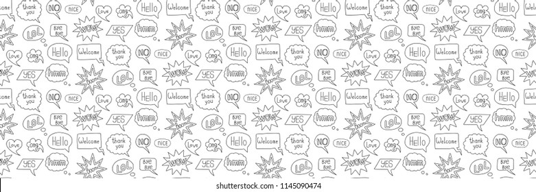 Hand drawn speech bubble doodle seamless pattern. Outline wallpaper isolated on white background. Repeat communication messages for web design, banners, fliers.