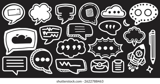 Hand drawn speech bubble doodle set in white on a black background