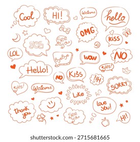 Hand Drawn Speech Bubble Doodle Set with Hello, Hi, Love, Yes, No, OMG Text – Cute Cartoon Chat Stickers, Social Media Elements, Comic Style Illustration.