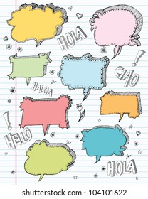 Hand drawn speech bubble doodles in a cartoon style and in pastel colours on a lined notebook page. From original pen drawing. Each element is clearly labelled on separate layers for easy editing.