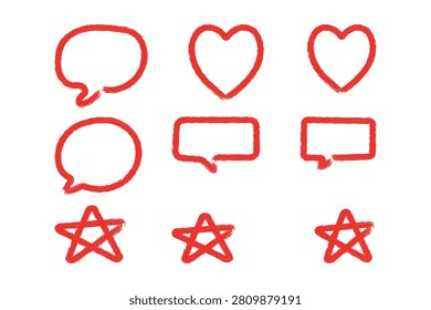 Hand drawn speech bubble heart star icon set with rough brush outlines
